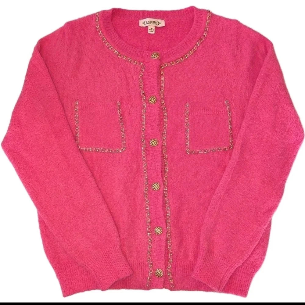 Nanette Lepore Pink Fuzzy Cardigan Medium ‎ Gold Chain Trim/Buttons Real Pockets